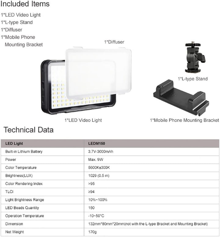 Godox LEDM150 LED-Videoleuchte, LED Video Light 5600K Dimmbare, TLCI 94+ und Lithium Batterie für Sm