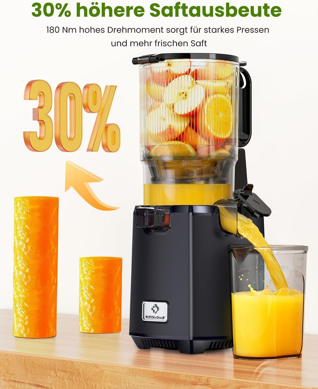 LINKChef Entsafter Slow Juicer für Obst und Gemüse, 250W Juicer Machine, 130 mm Einfüllöffnung für g