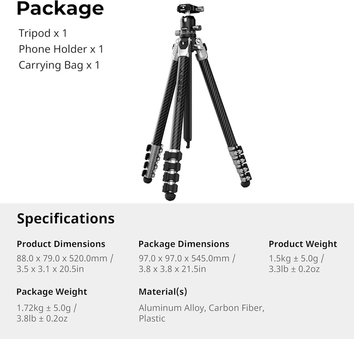 SMALLRIG 160 cm / 62,63'' Carbonfaser-Kamerastativ, 360°-Kugelkopf, max. Traglast 5 kg / 11 lbs, Gew