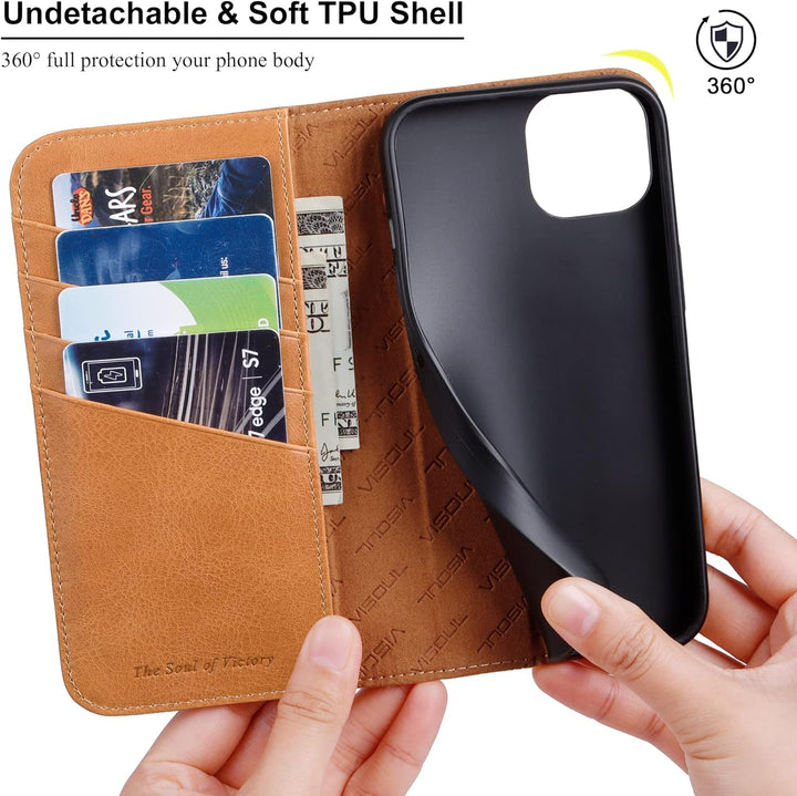 VISOUL iPhone 14 Plus Hülle, Stossfeste Handyhülle [Erstklassiges Rindsleder], TPU Schutzhülle [Kart