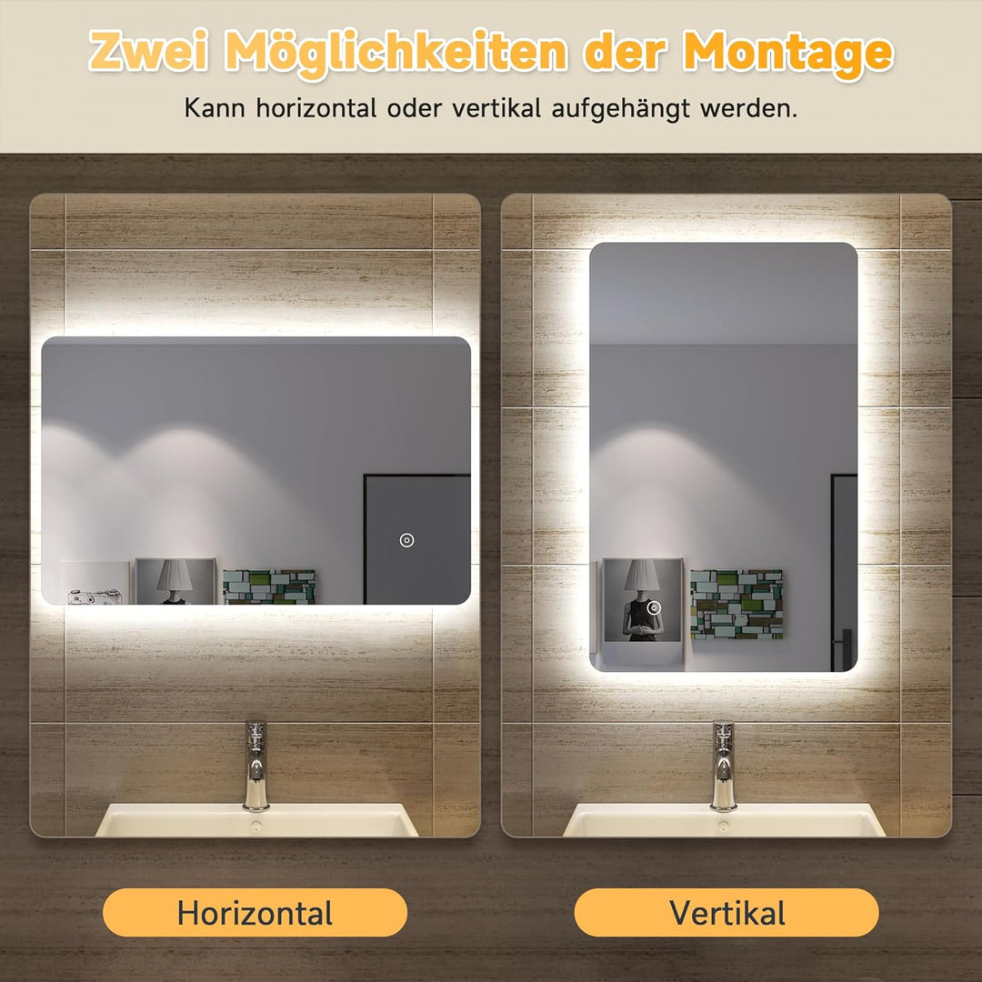 SONNI Badspiegel Lichtspiegel LED Spiegel Wandspiegel mit Touch-Schalter 80 x 50cm Kaltweiss/Neutral