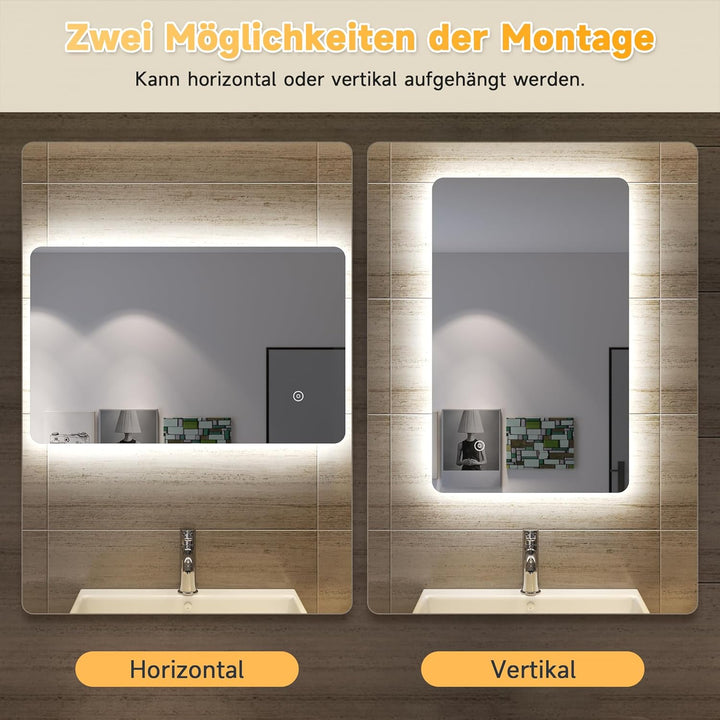 SONNI Badspiegel Lichtspiegel LED Spiegel Wandspiegel mit Touch-Schalter 80 x 50cm Kaltweiss/Neutral