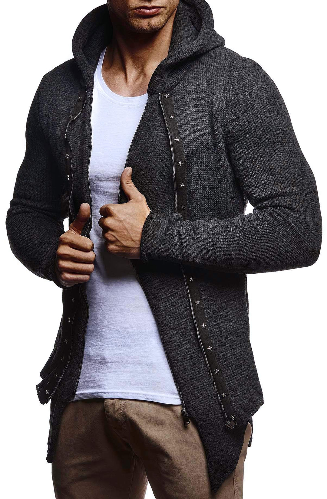 Leif Nelson Herren Strickjacke Slim Fit Männer Jacke mit Kapuze Moderne Kapuzenpullover-Sweatjacke H
