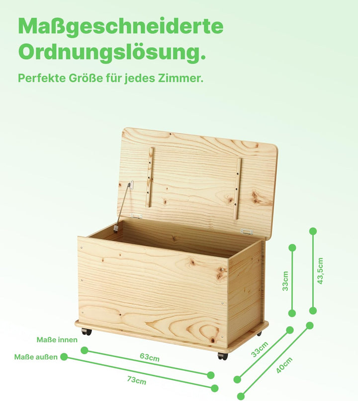 KMH®, grosse Spielzeugkiste auf Rollen aus massivem Pinienholz (Natur)