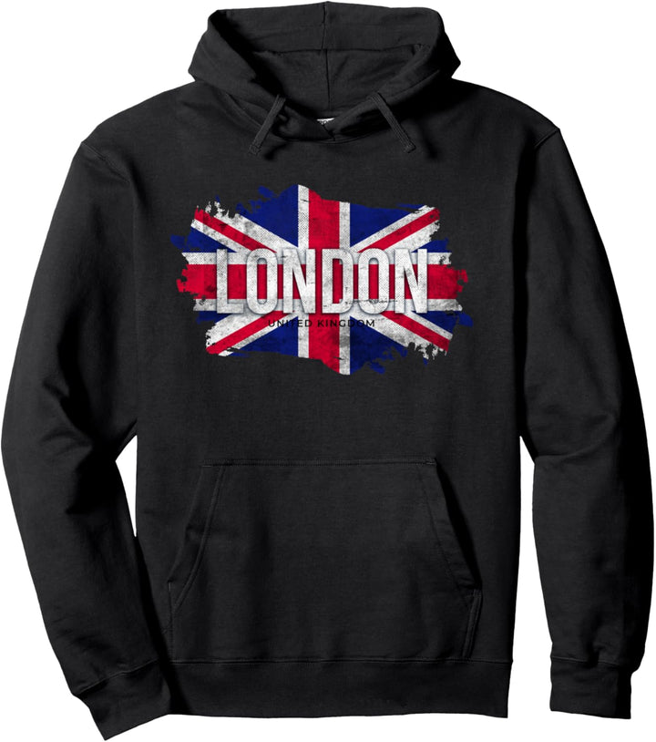 I Love London, Cool Vintage London with UK Flag Illustration Pullover Hoodie