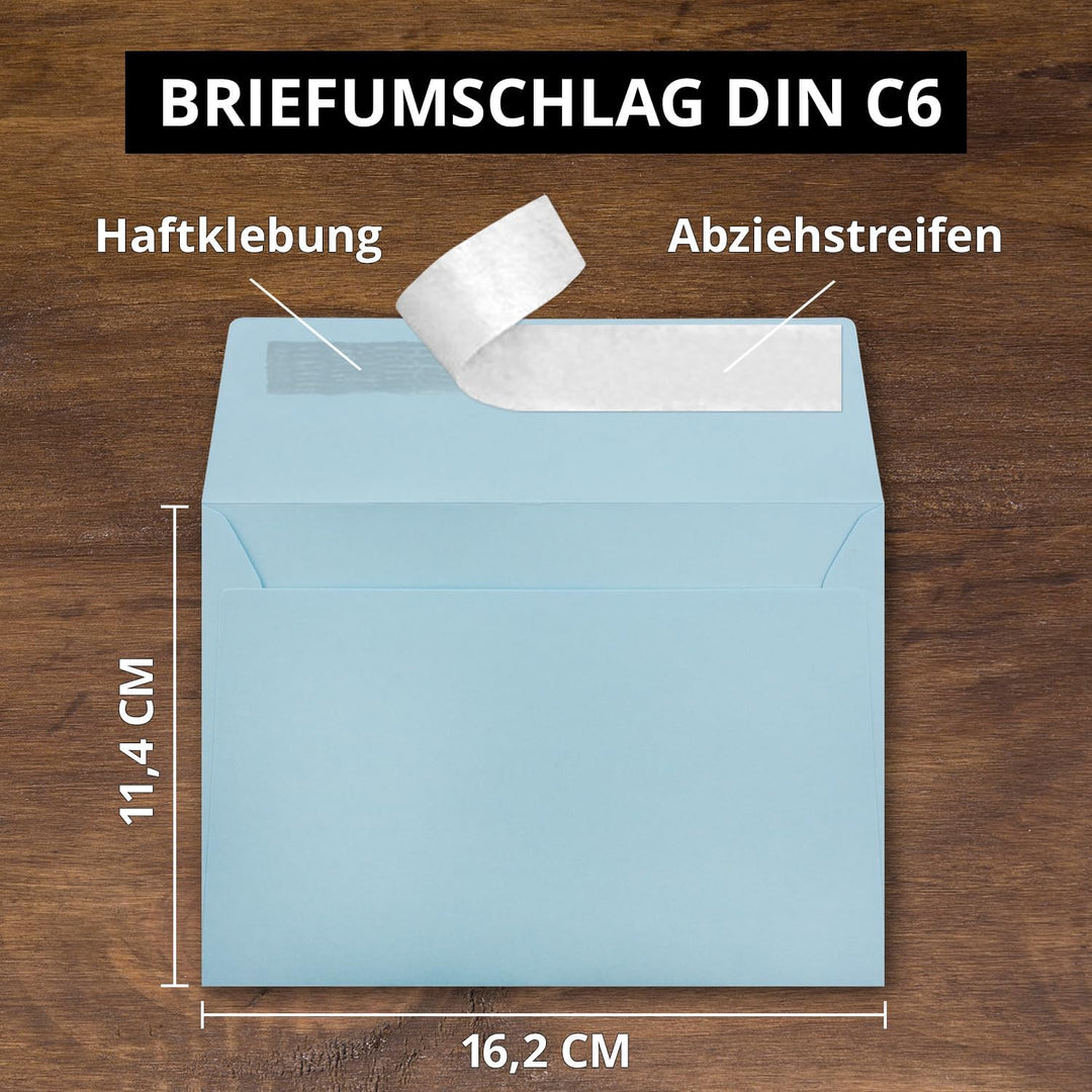 200x Briefumschläge Hell-Blau DIN C6 Format 11,4 x 16,2 cm - Haftklebung - Kuverts ohne Fenster - We