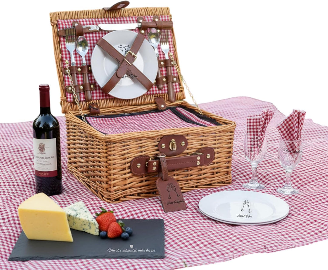 Personalisierter Picknickkorb für 2–4 Personen – Weide + Futterstoff (Rot/Blau/Grün) – Gravur auf Kö
