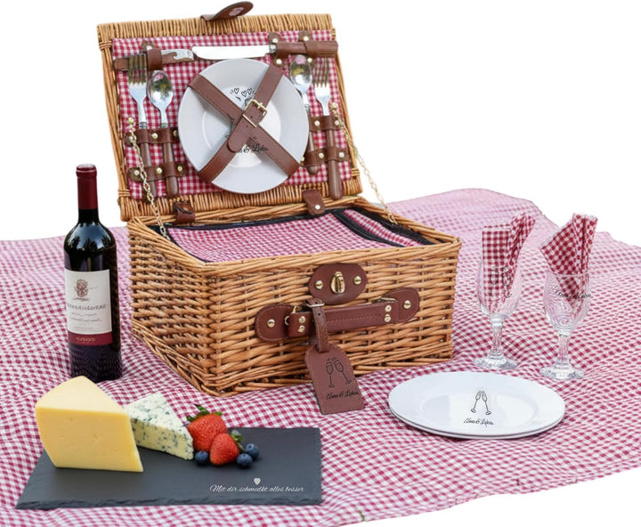 Personalisierter Picknickkorb für 2–4 Personen – Weide + Futterstoff (Rot/Blau/Grün) – Gravur auf Kö