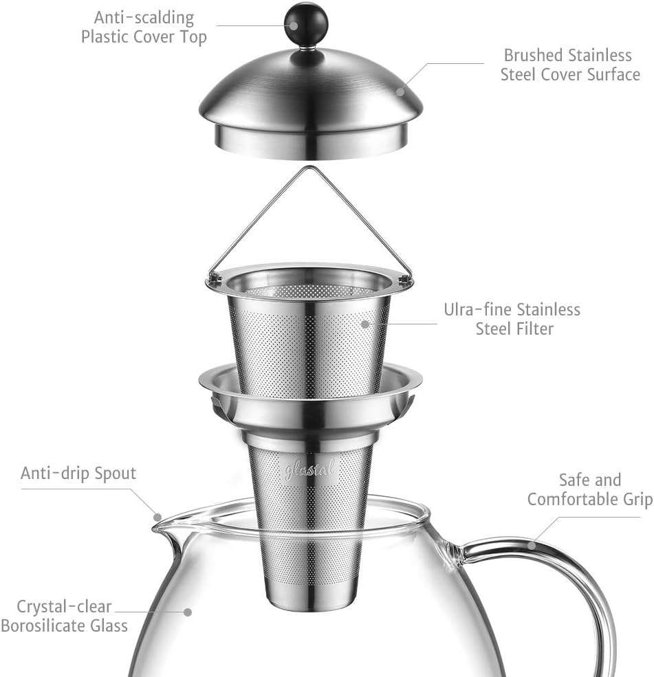glastal Glas Silberne Teekanne 1500ml mit 18/8 Edelstahl Teesieb Borosilicate Glas Teebereiter Glask