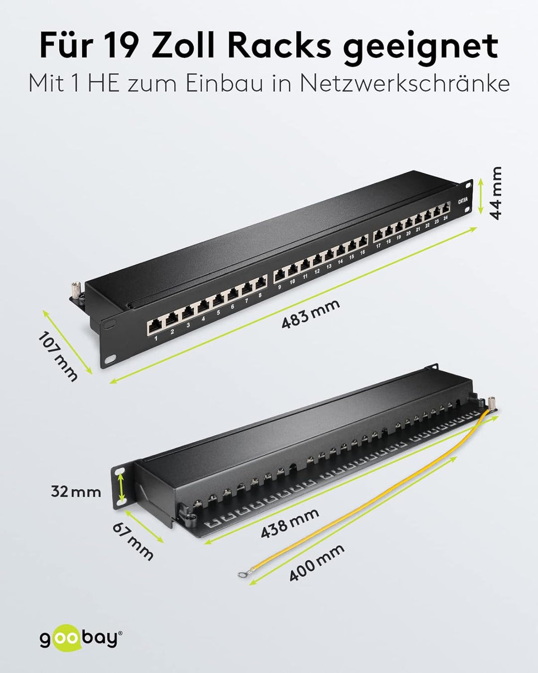 Goobay 90854 CAT 6A Patch Panel 19 Zoll / 24 Port RJ45 Buchsen Netzwerkstecker / 500 MHz LAN Patchfe