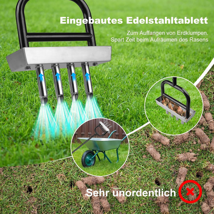 Aerifizierer für Rasen, Rasenspecht mit 4 Kern Hohlspoon &amp; Edelstahl Ablageschale Manueller Rasenlüf