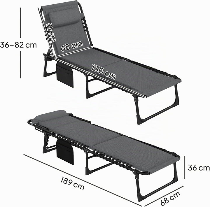Outsunny Sonnenliege klappbar Gartenliege mit Kopfkissen Seitentasche, Polstert Liegestuhl mit 5-Fac