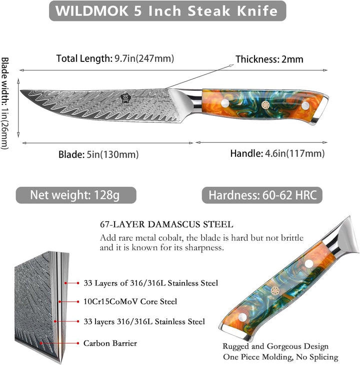 WILDMOK Steakmesser, 12,7 cm, nicht gezackte Steakmesser Set von 4, japanische Damaskus VG10 Stahl S