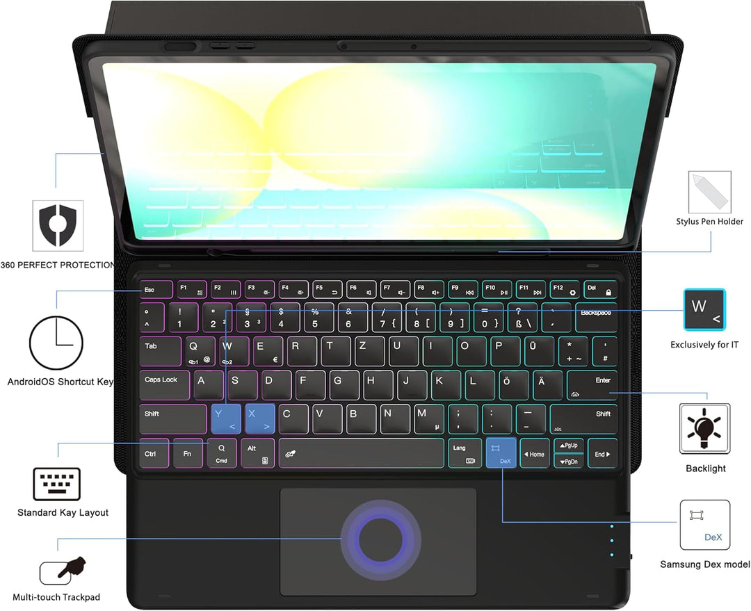 für Samsung Tablet S10 FE+ Plus Tastatur QWERTZ Deutsches : DEX-Modus mit einem Klick, 2 drahtlose K
