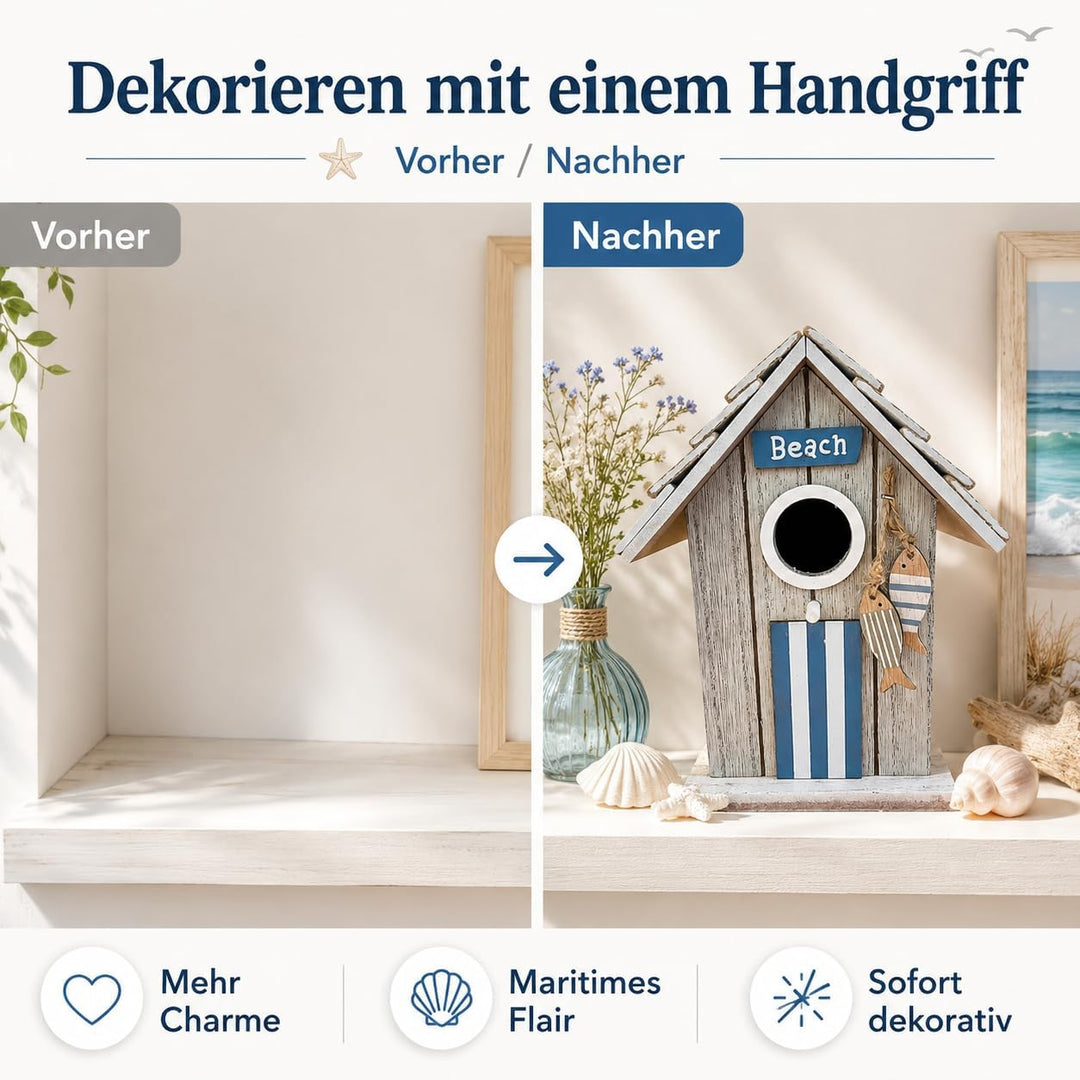 Boltze Vogelhaus Baduna mit Fischen & Beach-Schriftzug, Maritime Deko im Shabby-Look, MDF bemalt, ca