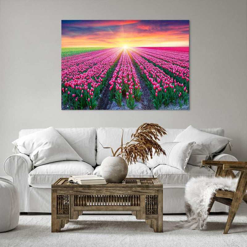 Bilder auf Leinwand 100x70cm Leinwandbild Wiese Tulpen Sonnenuntergang Frühling Gross Wanddeko Bild