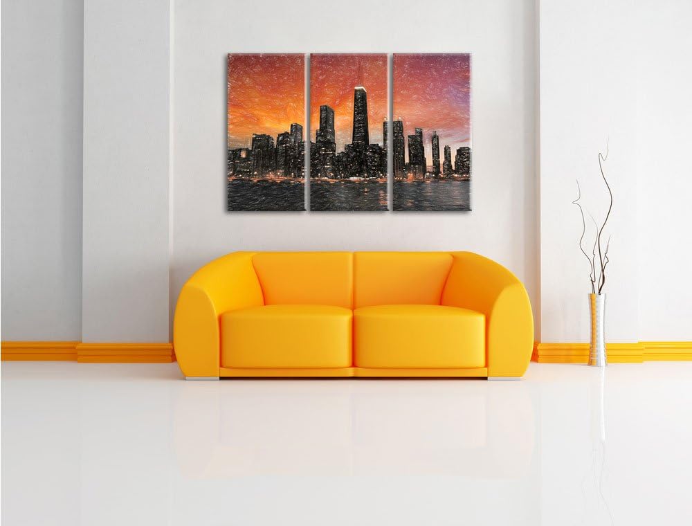 Pixxprint Chicago-Wolkenkratzer-Silhouette als Leinwandbild/Grösse: 3 Teilig (120x80) cm/Wandbild/Ku