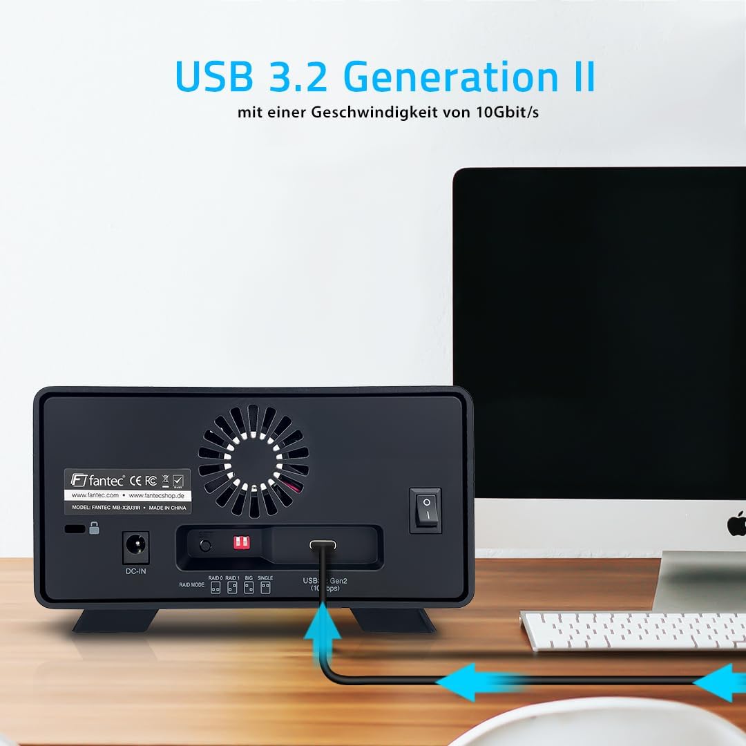 FANTEC MB-X2U31R 2fach USB 3.2 Gen2 RAID Festplattengehäuse für 2X SATA 3,5/2,5 Zoll HDDs, Transferr