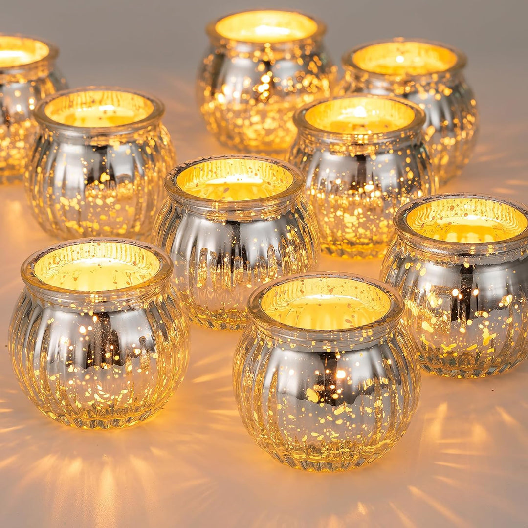 NUPTIO Glas Teelichtgläser Teelichthalter Teelichtglas: 12 Stück Silber Teelichter Halter Set Geripp