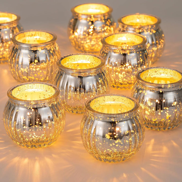 NUPTIO Glas Teelichtgläser Teelichthalter Teelichtglas: 12 Stück Silber Teelichter Halter Set Geripp