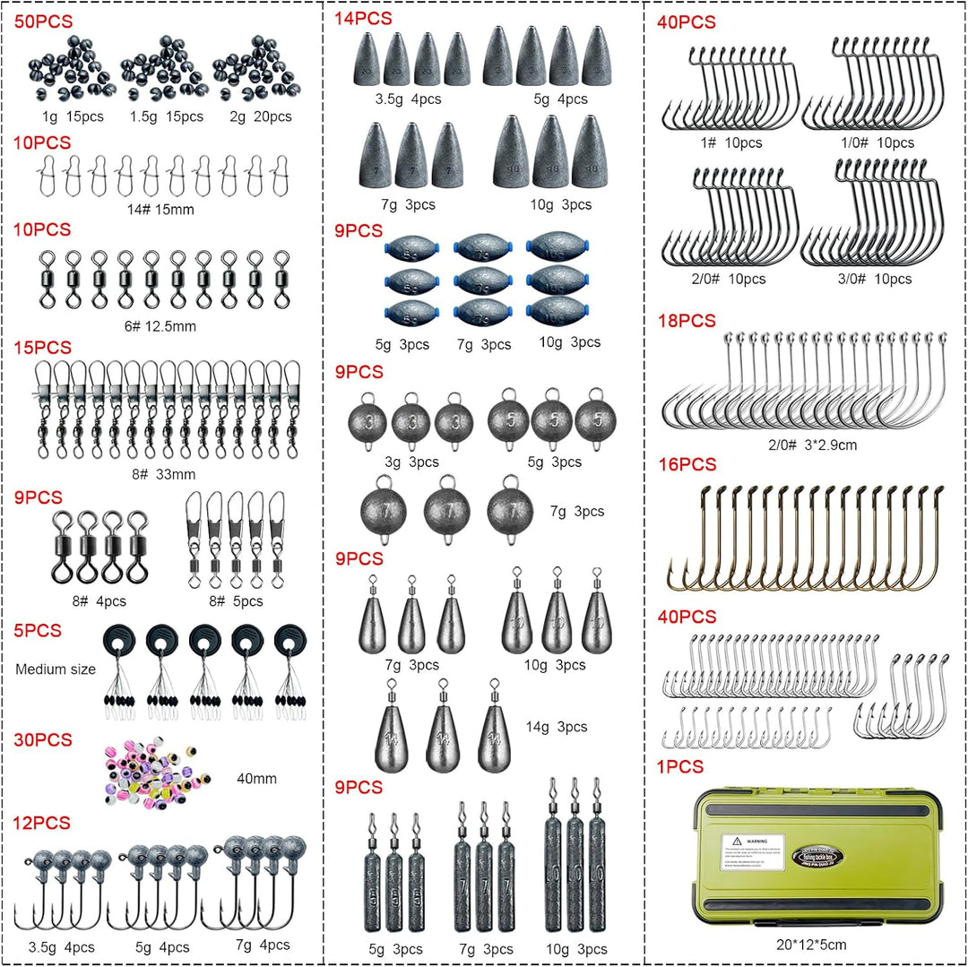 306 PCS Angelhaken Set Angelzubehör, Angelblei Kit mit Sinker Gewichte, Rubber Bobber, Angelhaken, J