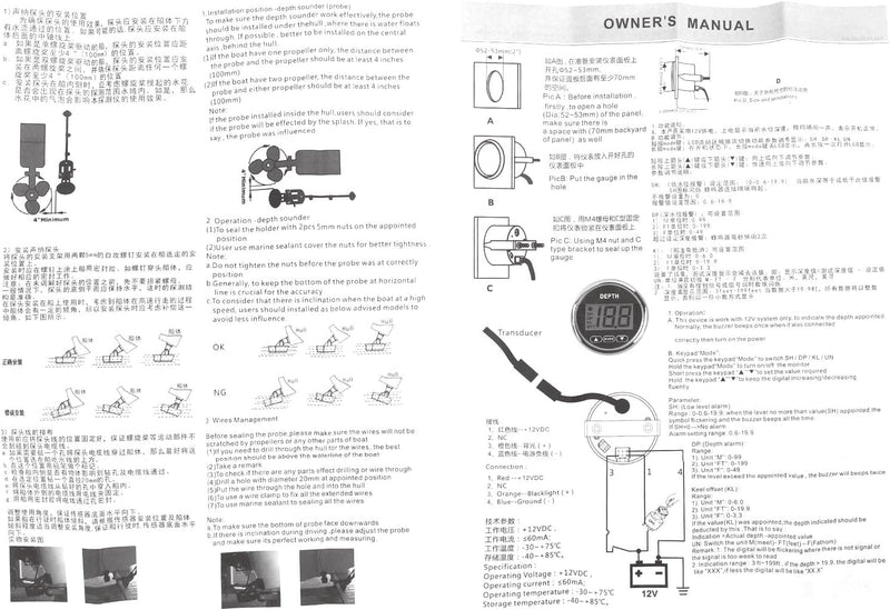 Keenso 9‑32 V Bootstiefenmesser, Wasserdichter Dash Echolotgeber mit Weisser Hintergrundbeleuchtung