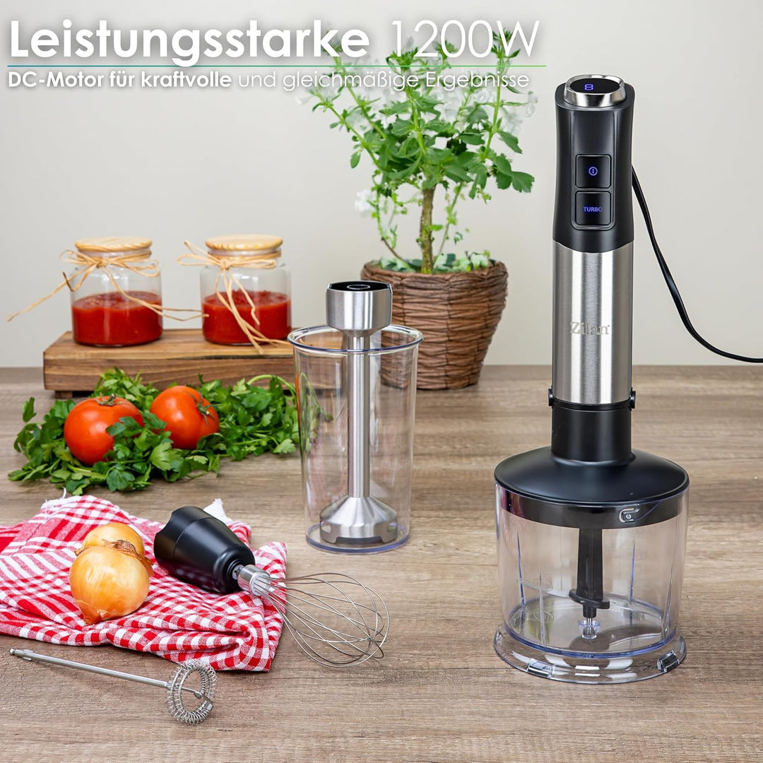 5-in-1 Stabmixer Set 1200 Watt Pürierstab, Zerkleinerer, Schneebesen, Milchaufschäumer, Messbecher L