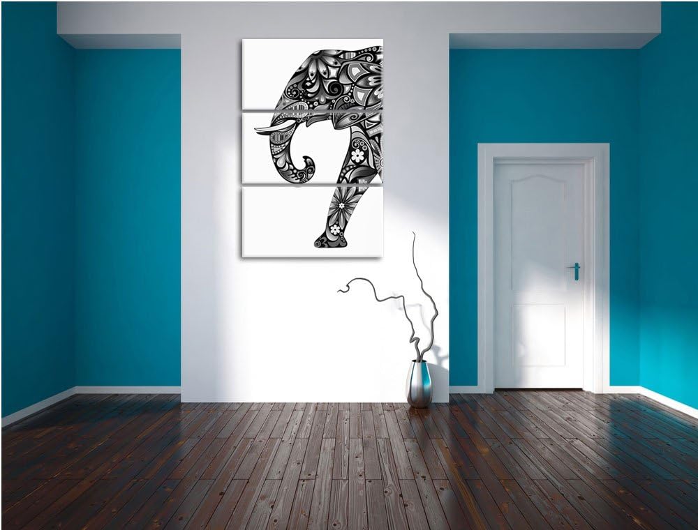 Pixxprint Monocrome, Elefant mit Ornamenten 3-Teiler Leinwandbild 120x80 Bild auf Leinwand