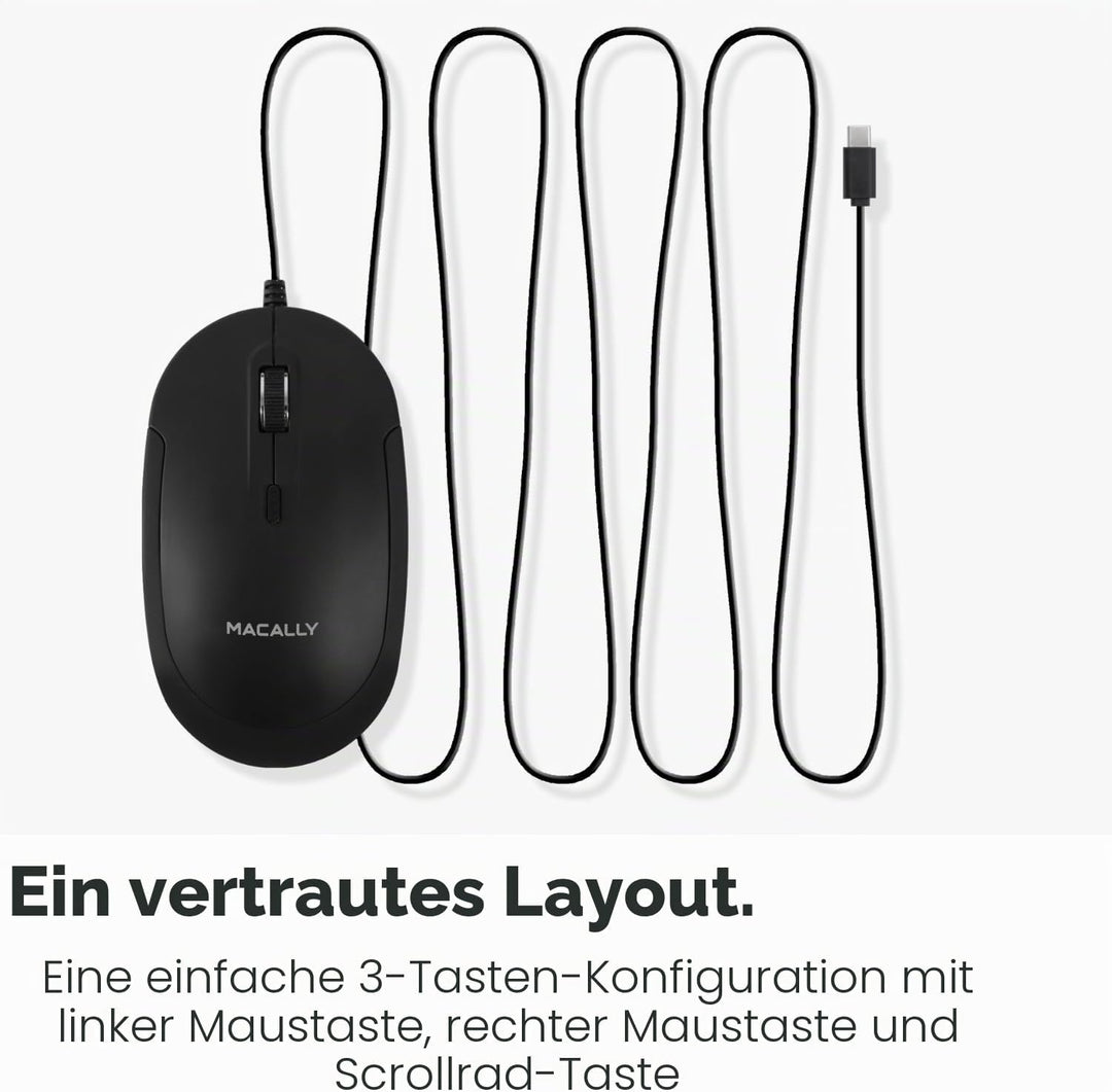 Macally Kabelgebundene USB-C-Maus für Mac und PC, schlank, leise und zuverlässig, 3 Tasten, Scrollra