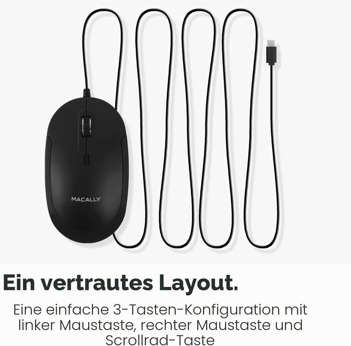 Macally Kabelgebundene USB-C-Maus für Mac und PC, schlank, leise und zuverlässig, 3 Tasten, Scrollra