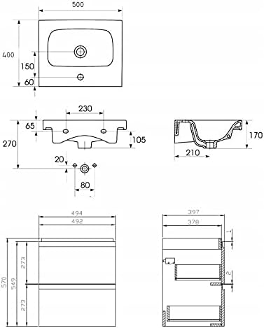 VBChome Badmöbel 50 cm Weiss mit Armatur und Pop-up ventil Waschbecken mit Unterschrank hängend häng