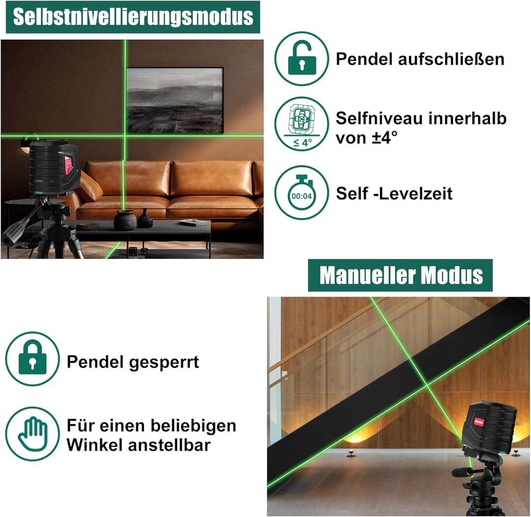 HYCHIKA Kreuzlinienlaser Grün, Horizontaler und Vertikaler Laser-Wasserwaage, Linienlaser inkl. Trag