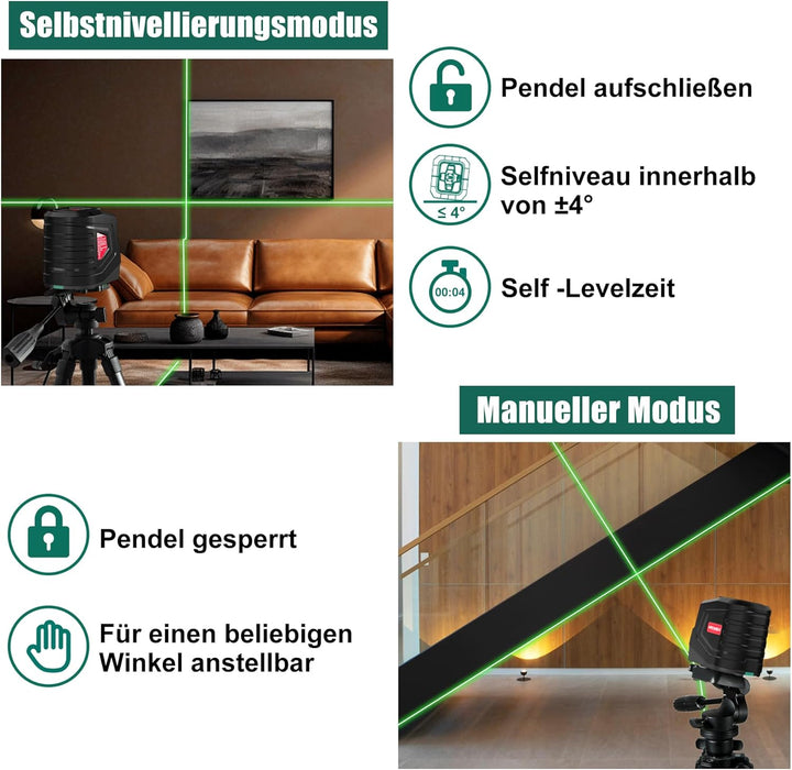 HYCHIKA Kreuzlinienlaser Grün, Horizontaler und Vertikaler Laser-Wasserwaage, Linienlaser inkl. Trag