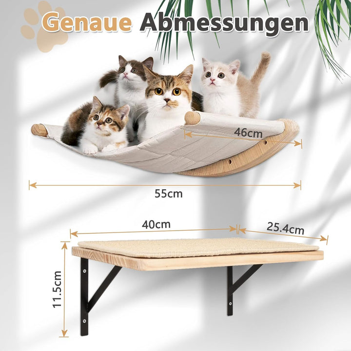 Katzen Kletterwand Set, 55cm x 46cm Katzenhängematte & Katzenwandregale & 2 Katzenleiter, 4er-Set Ka