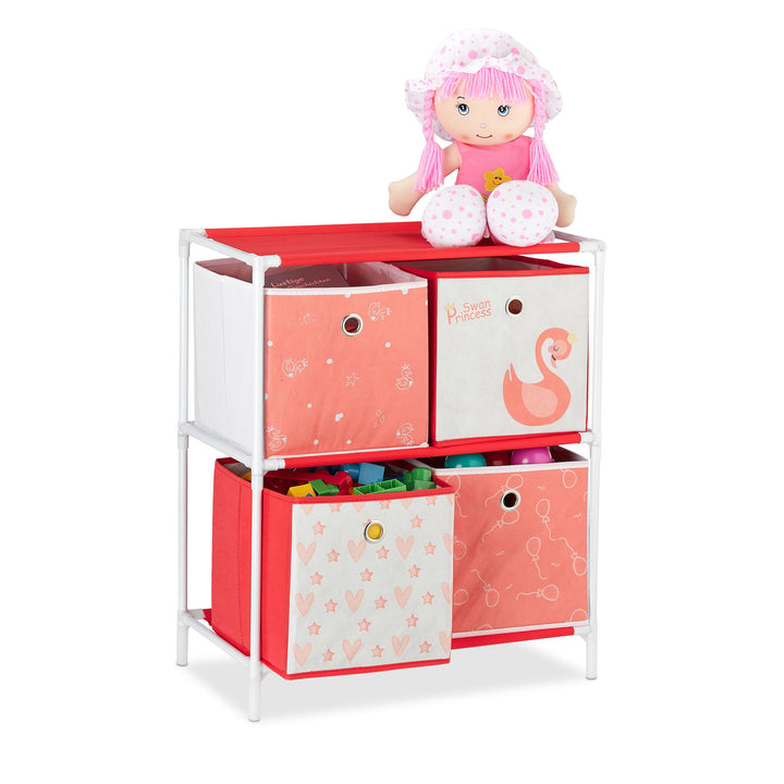 Relaxdays Kinderregal mit 4 Boxen, Spielzeug, Mädchen, Schwan-Design, Regal Kinderzimmer, HBT: 62 x
