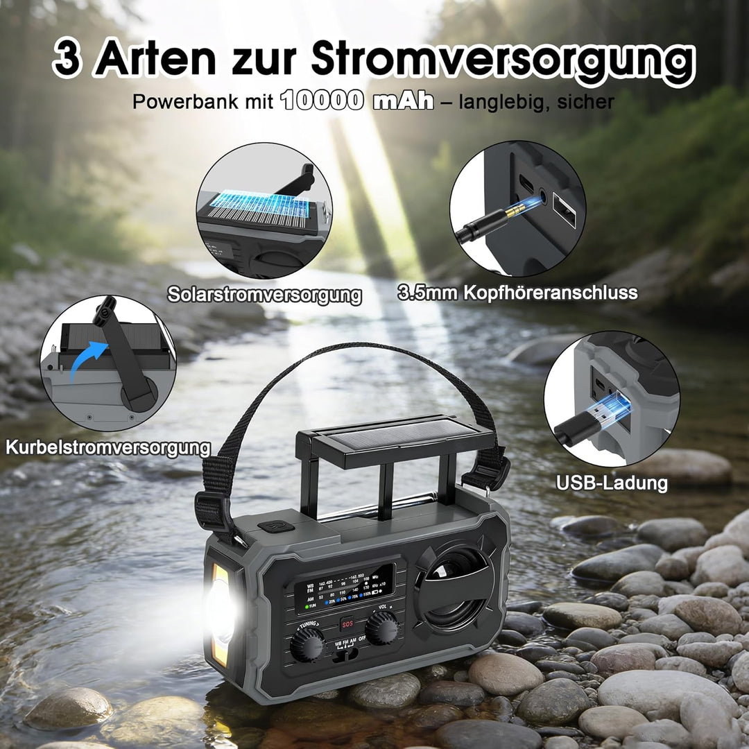 Kurbelradio, Tragbares Solarradio mit AM/FM, 10000mAh Powerbank, Notfallradio mit SOS-Alarm, LED-Tas