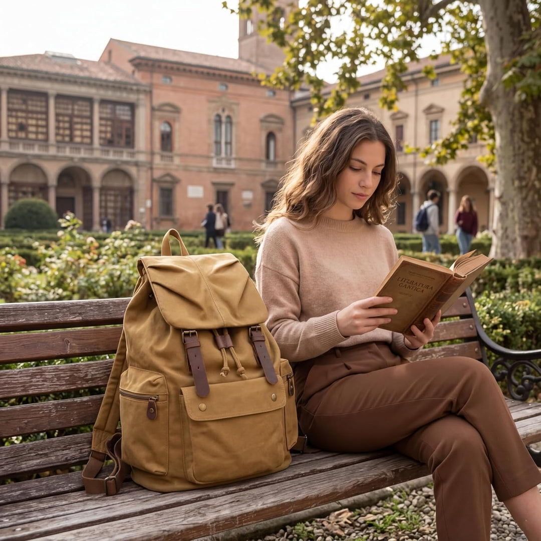 DremFreo Rucksack Canvas Vintage mit Leder Zubehör Daypack Passend für 14 Zoll Laptop Khaki, Khaki