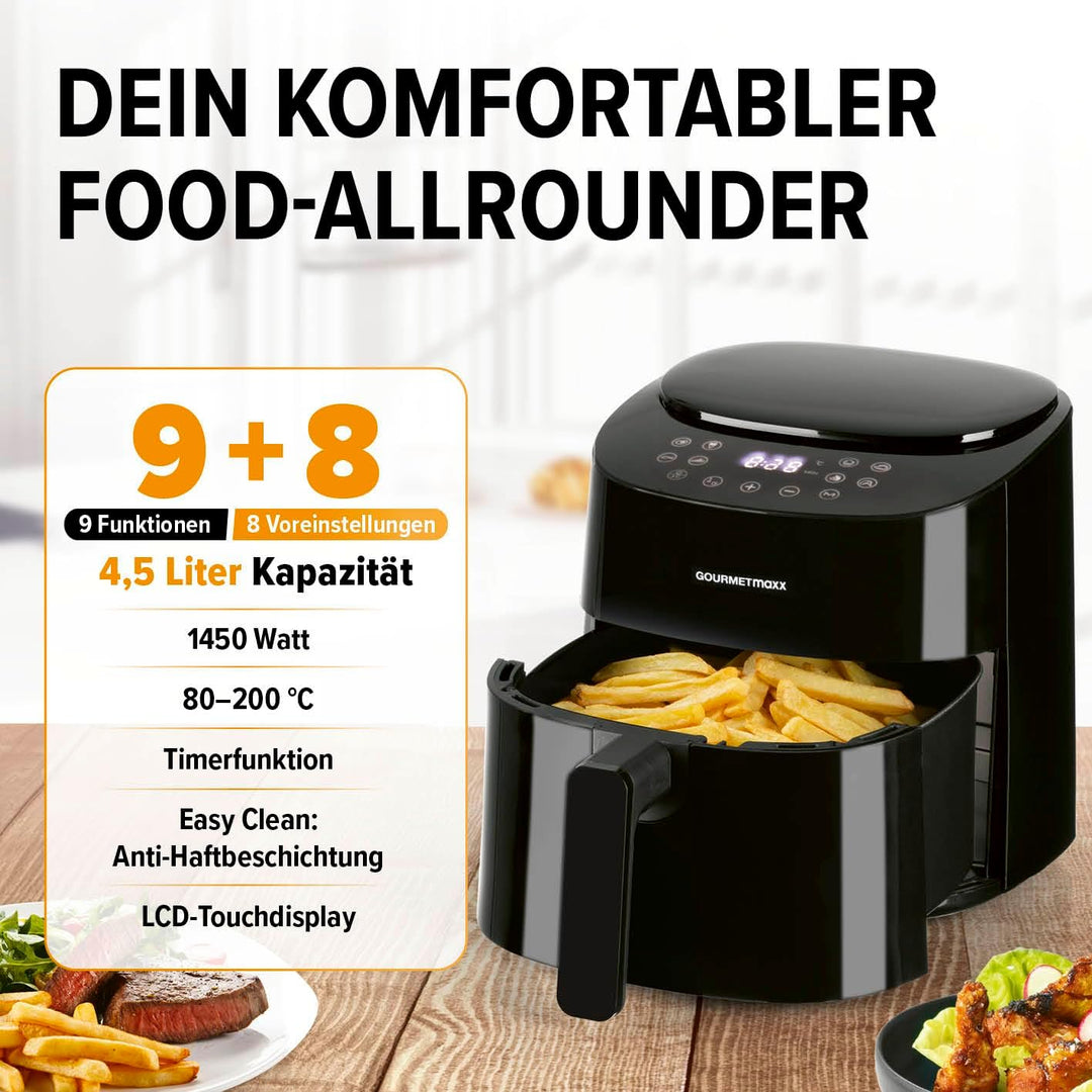 GOURMETmaxx Heissluftfritteuse | 4,5L Airfryer | Timer & Touchscreen | Fritteuse mit 9 Funktionen &