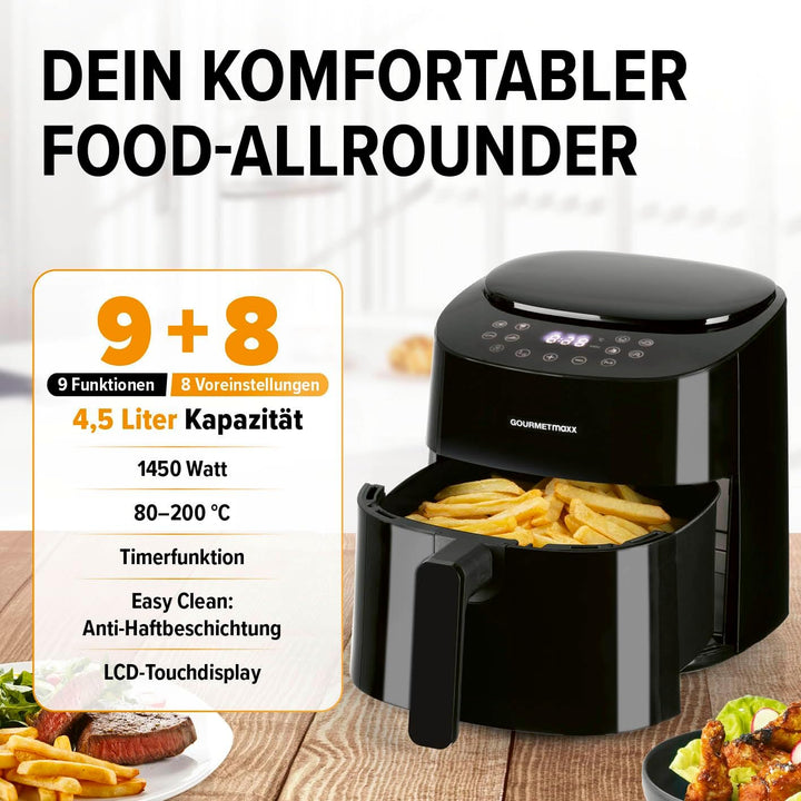 GOURMETmaxx Heissluftfritteuse | 4,5L Airfryer | Timer & Touchscreen | Fritteuse mit 9 Funktionen &
