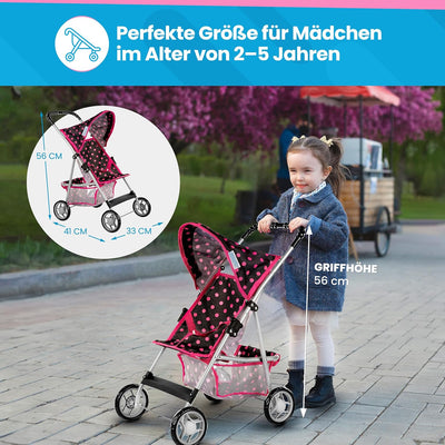 Kinderplay Puppenwagen, Puppenbuggy ab 3 Jahre - Puppen Buggy Puppe mit Anschnallgurt und Einkaufsne