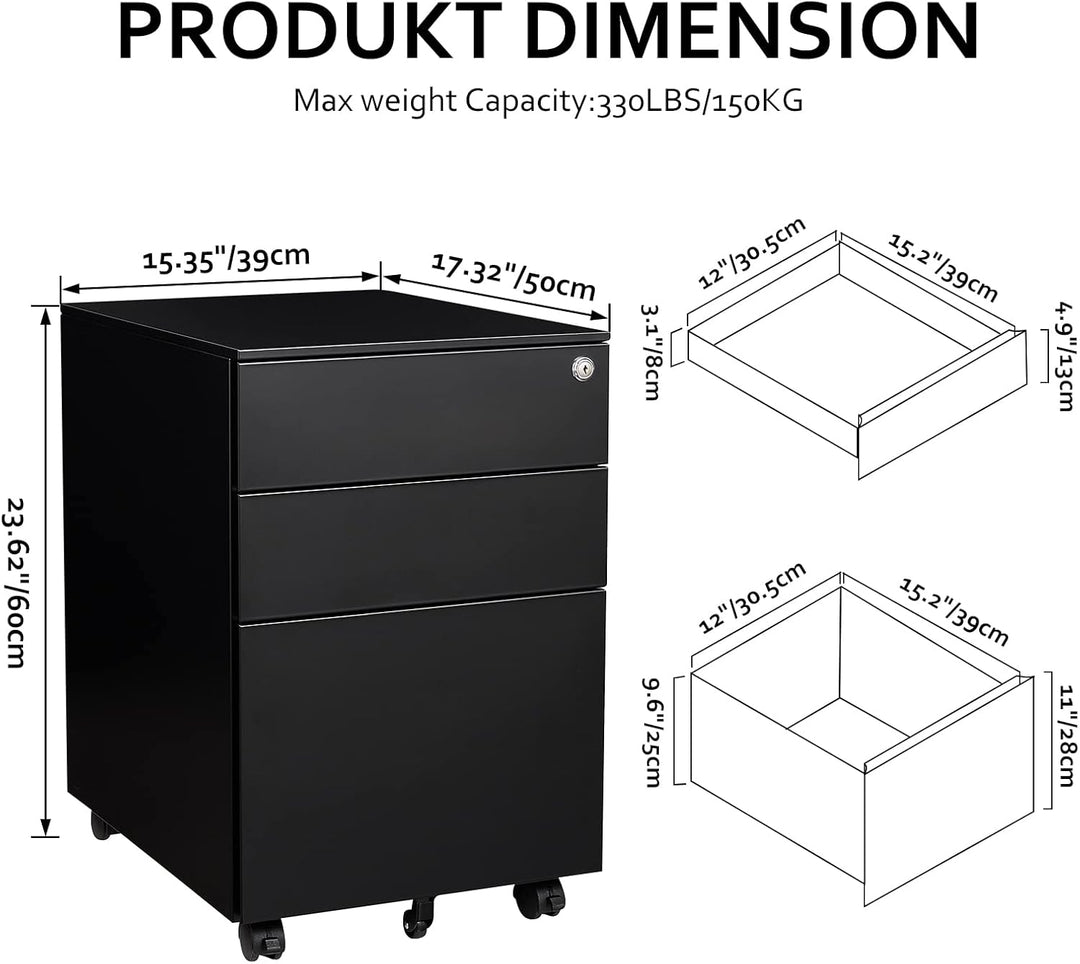Sightlife Rollcontainer mit 3 Schubladen, Abschliessbar Schublade unter Schreibtisch Container Schre