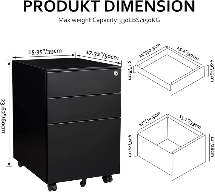 Sightlife Rollcontainer mit 3 Schubladen, Abschliessbar Schublade unter Schreibtisch Container Schre