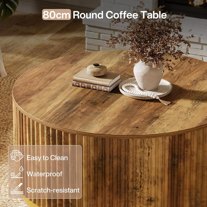 Tribesigns 80 cm runder Couchtisch, geriffelter Holztisch mit stabilem Trommelgestell, Wohnzimmertis