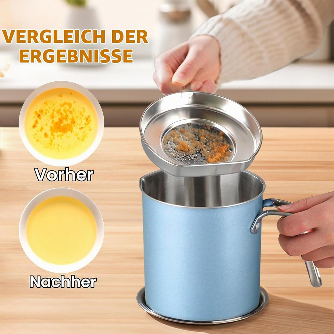 Chihee Fettbehälter Rostfreier Stahl Speckfett-Sparer mit feinmaschigem Sieb 2 L Ölbehälter Fettkann