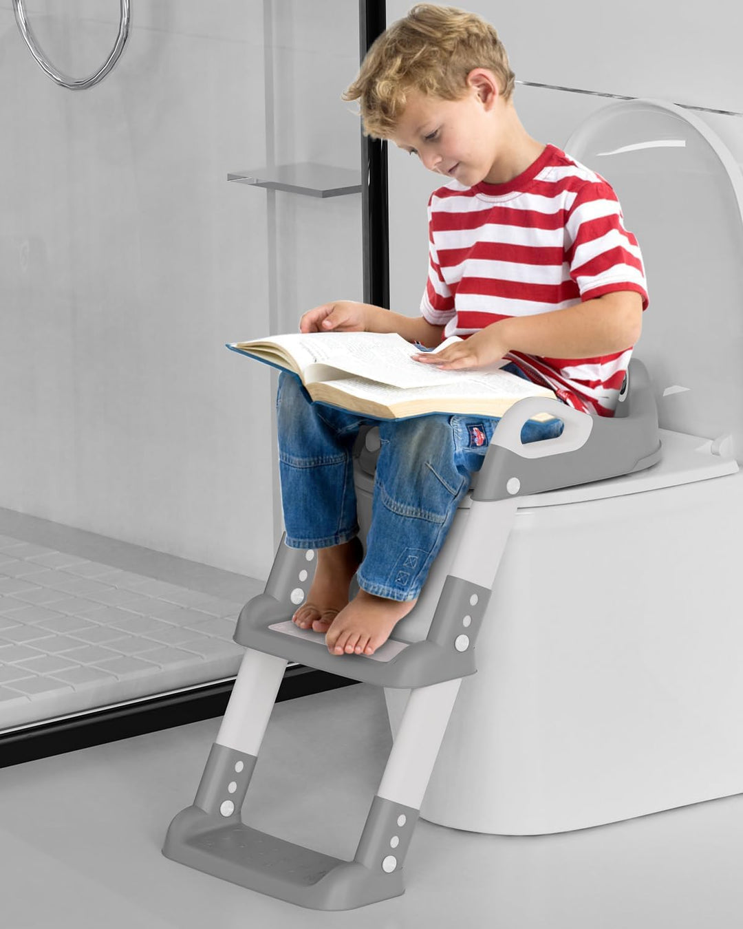 Toilettensitz Kinder mit Treppe, Toilettentrainer für Kinder, WC Sitz mit PU Gepolsterter, Höhenvers