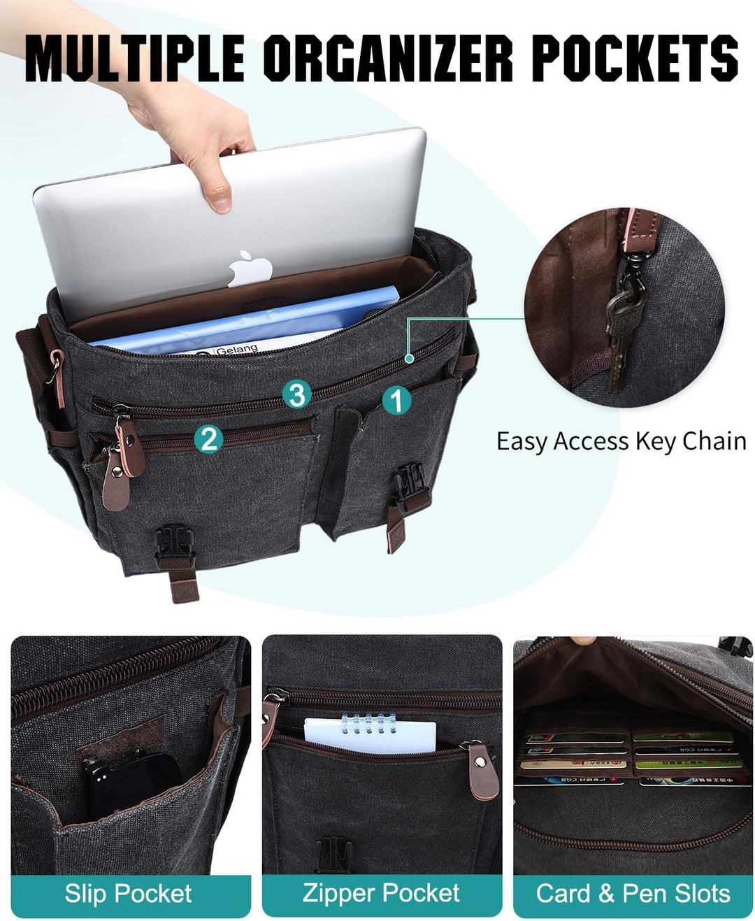 RAVUO Umhängetasche für Herren, wasserabweisend, Canvas, 35,6 cm (14 15,6 17 Zoll) Laptop-Aktentasch