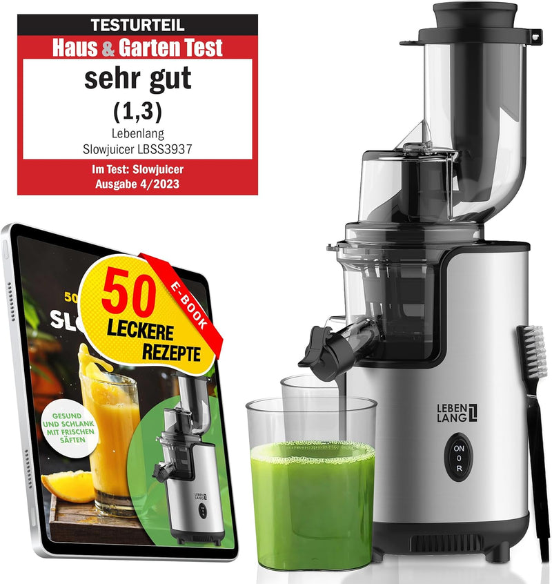 LEBENLANG Entsafter Slow Juicer Edelstahl - Gemüse und Obst & BPA-Frei l Selleriesaft Saft Karotten