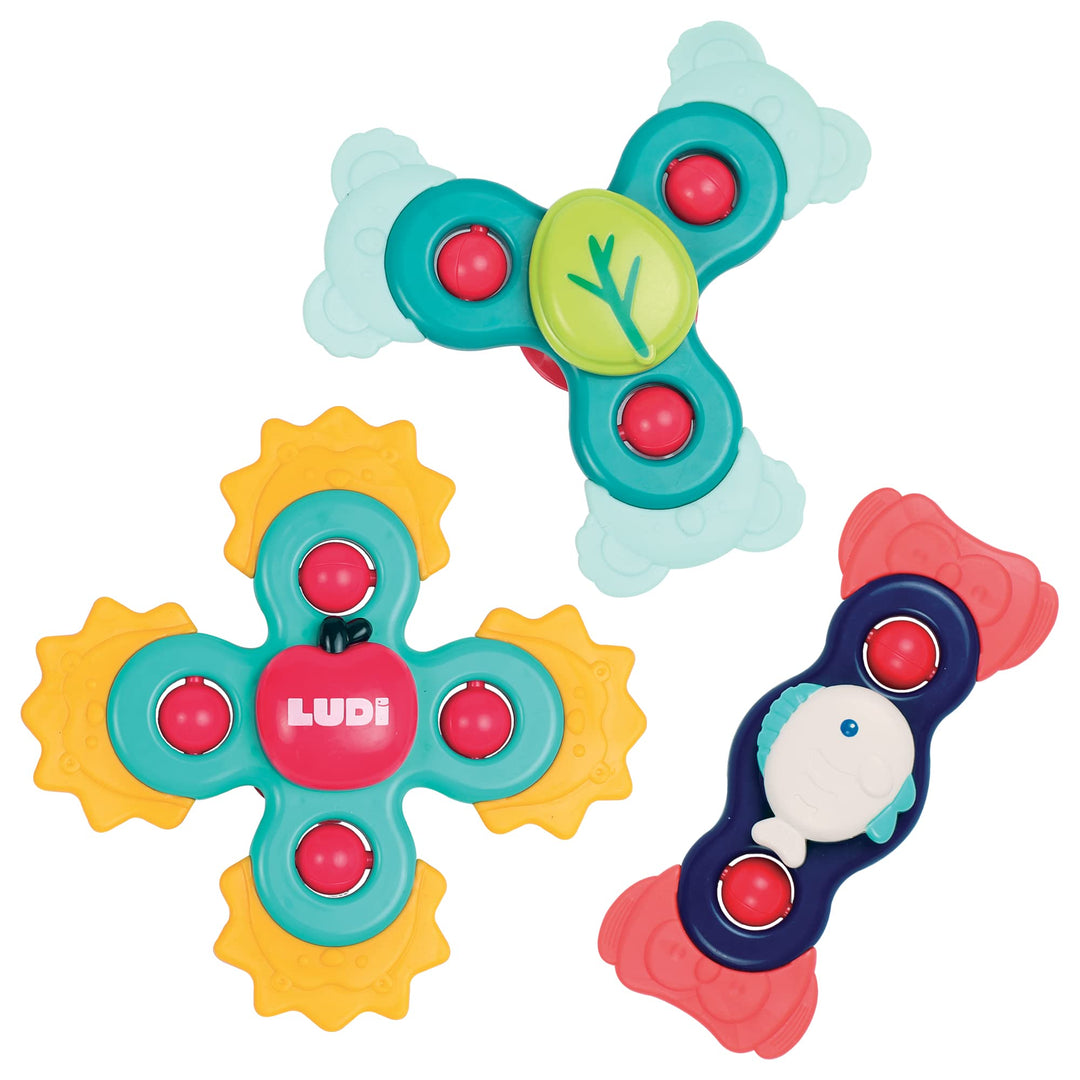 LUDI – Baby Hand Spinner – 3er Set mit Saugnäpfen – Rotierendes Spielzeug für Glatte Oberflächen – B