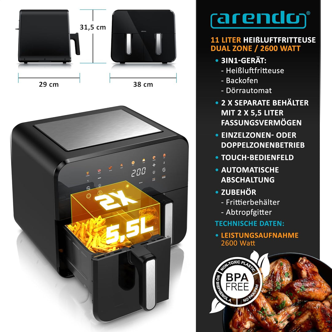 Arendo - XXL Heissluftfritteuse 11 Liter - 2 Kammern mit Fenster - extra Gross Dual Zone - Backofen