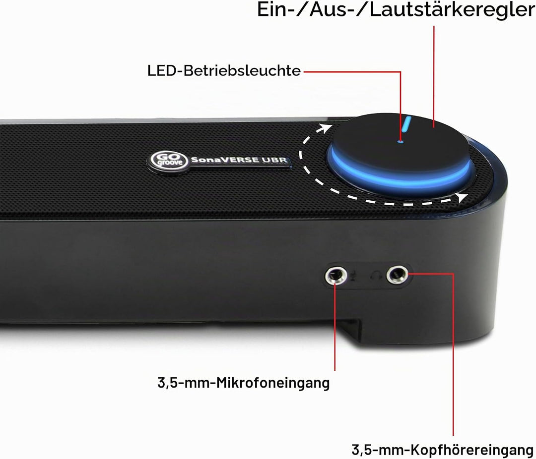 GOgroove Soundbar für PC Lautsprecher für Computer: Tragbarer 2.0 Stereo Speaker mit Eingebauten Sou